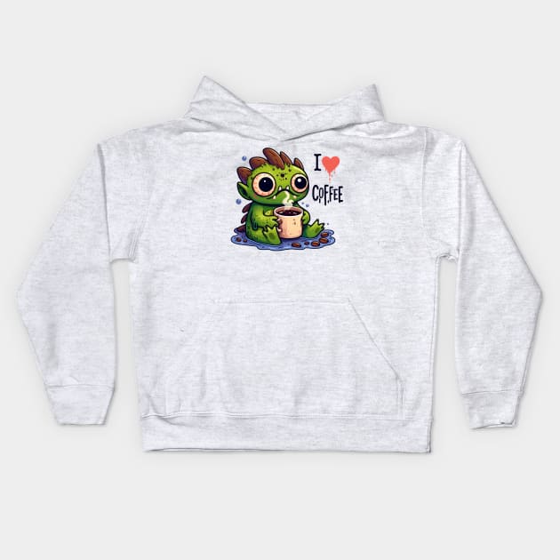 Cute swamp monster coffee lover Kids Hoodie by PrintSoulDesigns